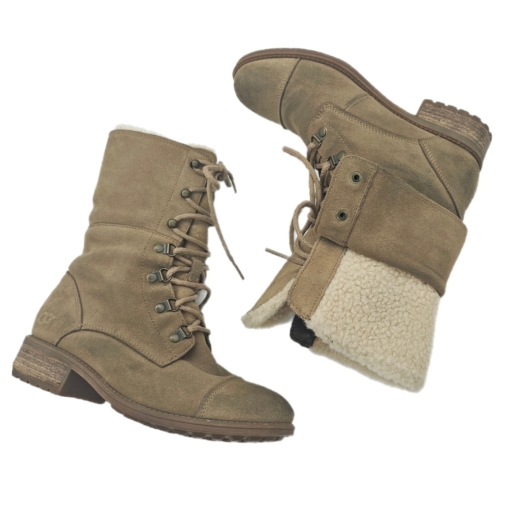 Ugg Gradin Womens Tan Suede Leather Lace Up Round Toe Stacked Heel Boots…